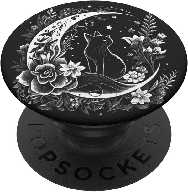 Cat Sitting on Crescent Moon Flowers Stars Drawing PopSockets Swappable PopGrip