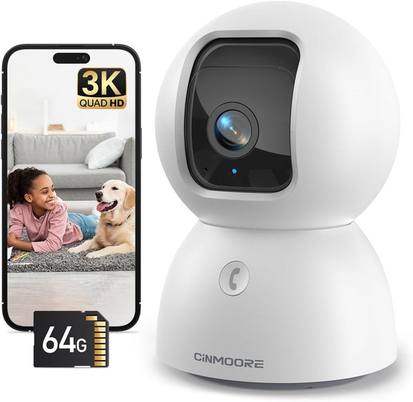 CINMOORE 3K Indoor Camera with 64GB Card, Human/Pet/Facial AI Detection, Dog/Cat/Pet Camera Indoor