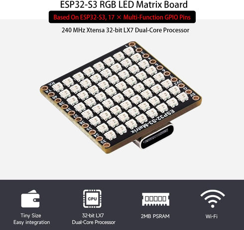 ESP32-S3 Matrix Development Board with 8×8 RGB LED Matrix, QMI8658C Attitude Sensor, 17 Multi-Function GPIO Pins,