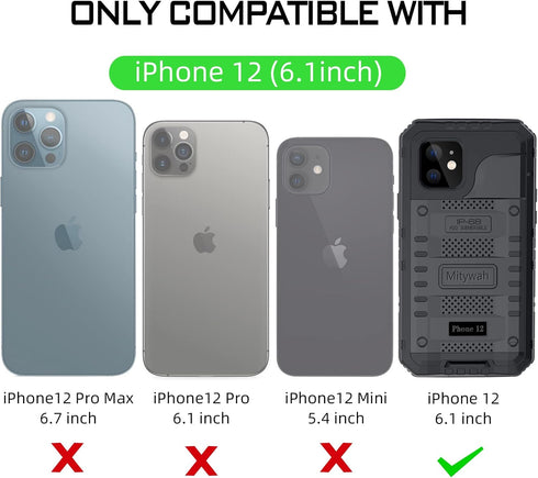 Mitywah Heavy Duty Waterproof Case for iPhone 12, Shockproof Full Body Underwater Protective Metal Case 6.1 inch, Black