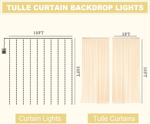 EMART 10x10ft Champagne Tulle Backdrop Curtains with Lights String,Sheer Backdrop Curtains for Wedding, Baby