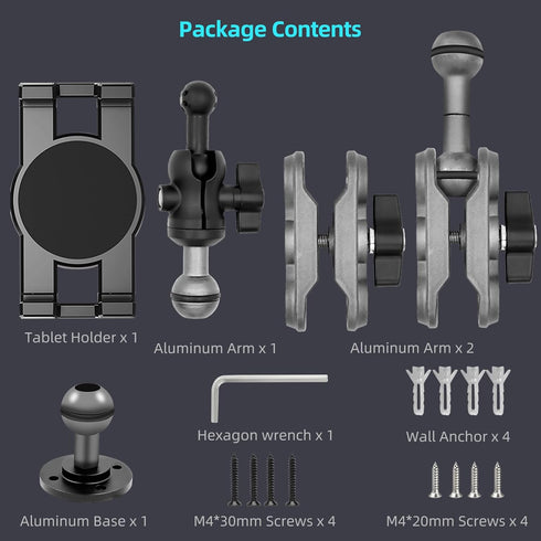 Aluminum Heavy Duty Drill Base Tablet Holder Car Mount, 14.2 Long 360 3-Stage Metal Stand for 4.7-12.9" iPad