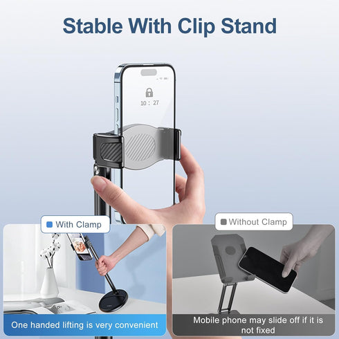 Cell Phone Stand for Recording, Height Adjustable Filming Phone Holder for Desk, 360 Degree Rotation Clamp Phone Stand,