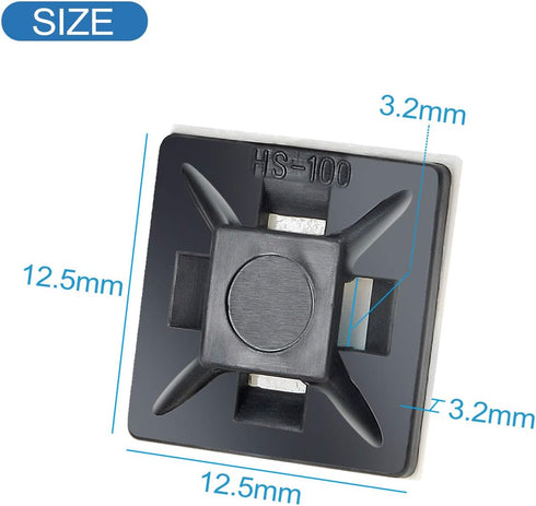 XHF 200 PCS 1/2" Black Self Adhesive Cable Zip Tie Mounts Wire Clips Holders Management Organizer Squares (HS-100)