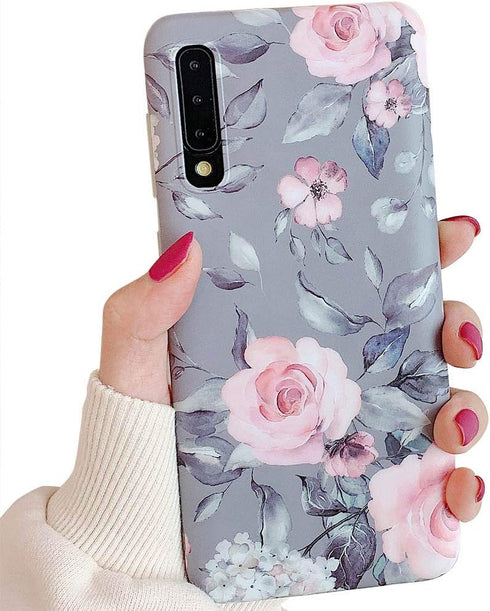 YeLoveHaw Samsung Galaxy A50 Phone Case for Women & Girls, Cute Purple Floral Gray Leaves Pattern, Slim Fit