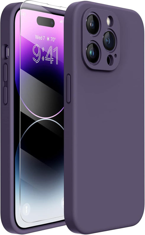 Miracase Shockproof Liquid Silicone Rubber Phone Case Cover for iPhone 14 Pro with Tempered Glass Screen Protector,