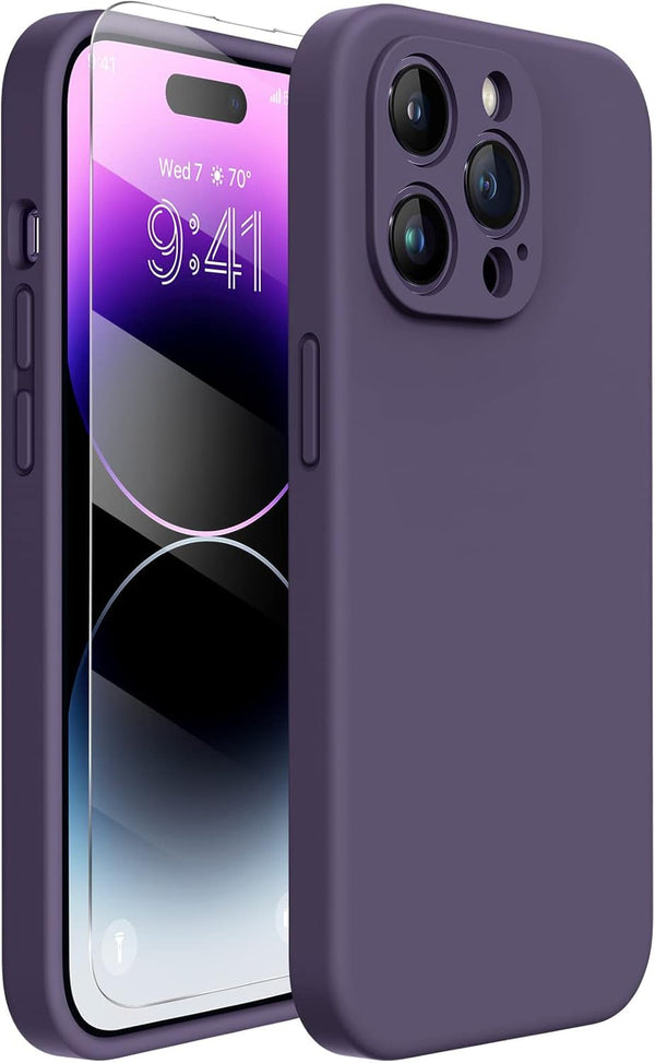 Miracase Shockproof Liquid Silicone Rubber Phone Case Cover for iPhone 14 Pro with Tempered Glass Screen Protector,