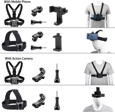 TANSUO Chest Mount Strap Harness Head Strap, Quick Release Chesty Body Mount with Phone Clip, Head Strap+Chest Strap