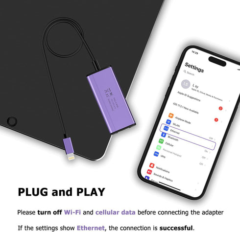 IVSHOWCO Lightning to 1000Mbps Ethernet Adapter, 2 in 1 iPhone iPad RJ45 Ethernet LAN with Charging Port, 1.77Ft
