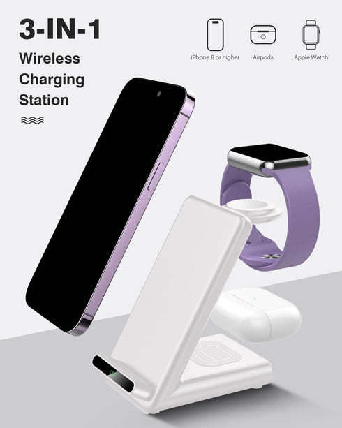 3 in 1 Wireless Charging Stand, Fast Wireless Charger for Apple Watch Ultra 10 9 8 7 6 SE 5 4 3, Made for iPhone