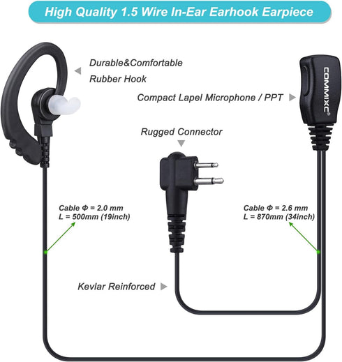 2-Pack Two-Way-Radio Earpieces with Mic PTT, 2.5mm+3.5mm 2 Pins Headset, Compatible with Motorola Walkie Talkies