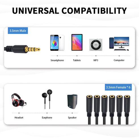 Poyiccot 3.5mm Headphone Splitter, 1 to 6 Ways 3.5mm TRRS Male to 6 Female Cord for Earphone, Laptop, Phone