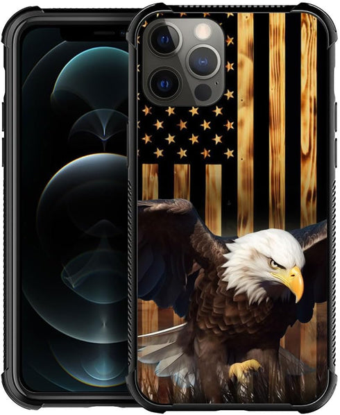 TnXee iPhone 12 Mini Case Compatible, Wood Grain American Flag Bald Eagle Pattern Design, Shockproof Anti-Scratch