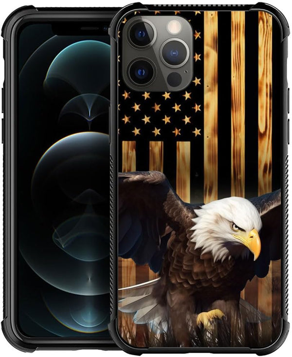 TnXee iPhone 12 Mini Case Compatible, Wood Grain American Flag Bald Eagle Pattern Design, Shockproof Anti-Scratch