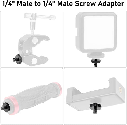 1/4" Male to 1/4" Male Threaded Tripod Screw Adapter, Double Head Stud for Camera Cage Mount, Black, 2 Packs