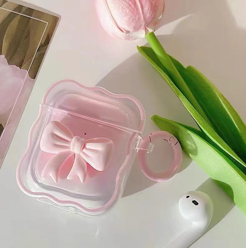 Cute AirPods 2/1 Generation Clear Case, Girly 3D Bow Design Soft TPU Protective Shockproof Kawaii Apple iPod 2nd/1st Generation Cover with Cleaner Kit & Keychain Girls Women - Pink Bow