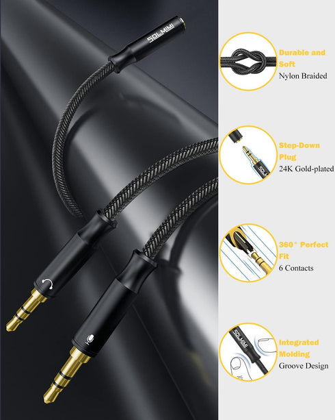Headset Splitter Cable for PC 3.5mm Crystal-Nylon Braid, 3.5mm Female to Dual 3.5mm TRS Male Y Splitter