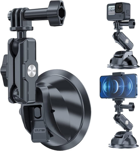 TELESIN Suction Cup Car Mount with Phone Holder for GoPro Max Mini Hero 12 11 10 9 8 7 6 5, Insta360 X3