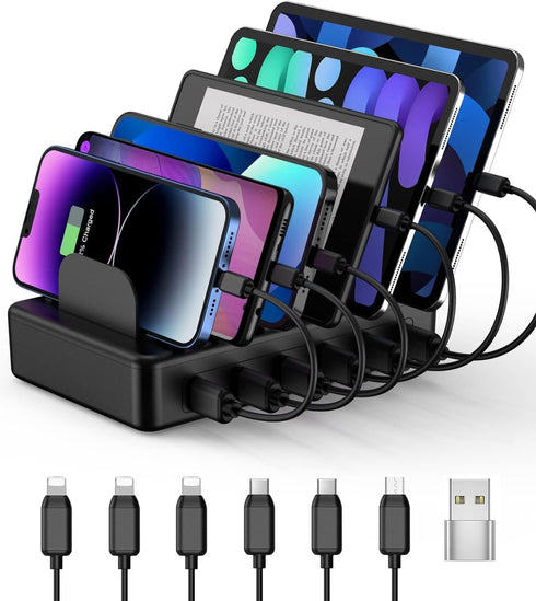 CREATIVE DESIGN Charging Station 50W, 6 Ports Multi Charger Station with 6 Charging Cables, USB Charging Dock for