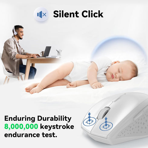 TECKNET Wireless Mouse, 2.4G USB Computer Mouse, 6-Level Adjustable 4800 DPI, Ergonomic Grips, 6 Buttons - White