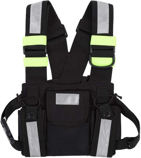 Radio Chest Harness Rig Holster Pack, Front Pouches Zipper Bag with Green Reflective Strips for Walkie Talkies