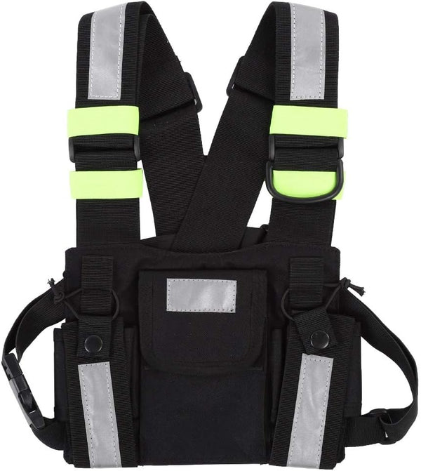 Radio Chest Harness Rig Holster Pack, Front Pouches Zipper Bag with Green Reflective Strips for Walkie Talkies