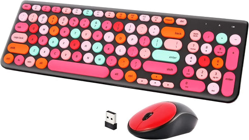 Wireless Keyboard and Mouse Combo, Retro Typewriter Wireless Keyboard with Round Keycaps for Desktop