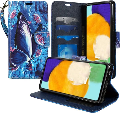 Zase Wallet Phone Case for Samsung Galaxy A02s A03s, PU Leather Flip Folio Cover with Kickstand, ID Card Slot, Blue