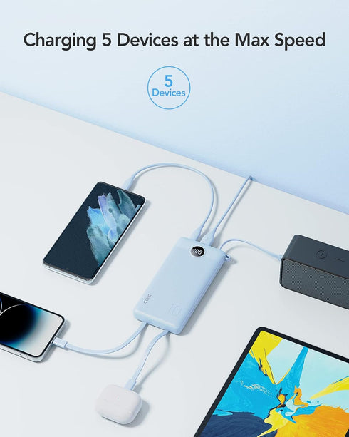 VRURC 10000mAh, 5 Portable Charger for iPhone, Built in Cables & Lanyard Power Bank Compact USB C Charging Bank Outputs