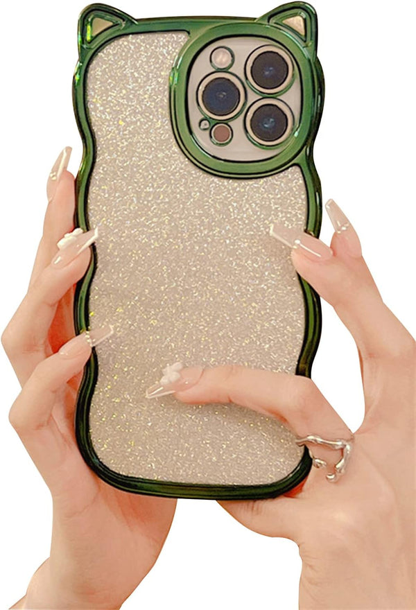 Cute Cat Ears iPhone 11 Case for Women/Girls, Green Glitter Bling, Shockproof, Anti-Scratch, Curly Wave Design.
