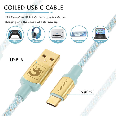 ATTACK SHARK Custom Coiled USB C to A Cable - Double-Sleeved Starlight Braided Cable for Phone/PS4/Android/Xbox