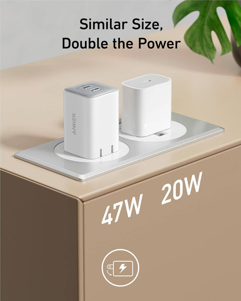 Anker Nano Charger, 47W USB C Charger, 2 Port Compact Foldable GaN Charger for iPhone 16/15 and More