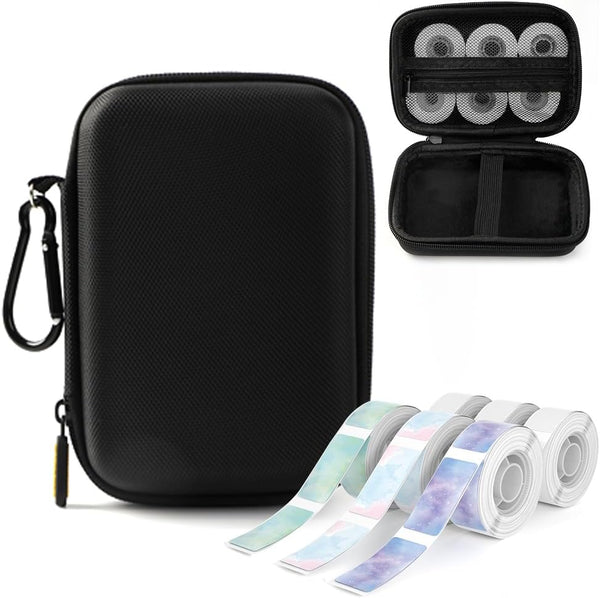 Phomemo D30 D35 Label Marker Black Case with 6 Rolls of Color Combo Set Label Tapes, Waterproof Storage Bag with Clear