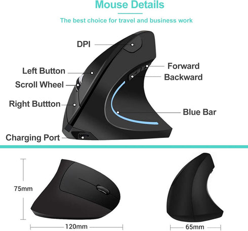 Ergonomic Wireless Mouse, Bluetooth Vertical Mouse with Three-mode Connection: BT5.0+USB A+USB C, Rechargeable, Black