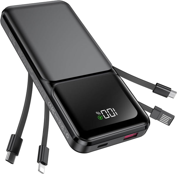 Power Bank Portable Charger with Built-in Cable, USB C Fast Charging Travel Essential Battery Pack for iPhone Samsung