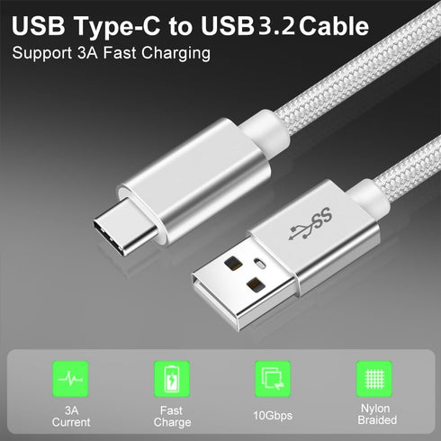 Vortex PD10GB3A-2-2-SILVER Type-C Data Cable 3A Fast Charging USB3.2 Universal Mobile Phone Tablet Nylon Braid USB Charging Cable (2 pcs Pack)(Silver 2 Meters)
