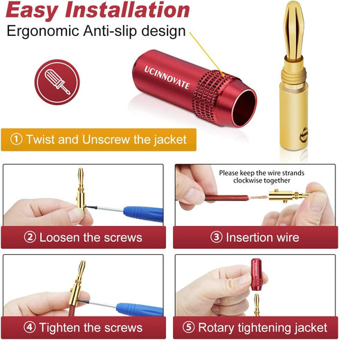 UCINNOVATE Speaker Terminal Connector Banana Plugs, 4PCS 24K Gold Plated 4mm for HiFi Connection to Amplifiers