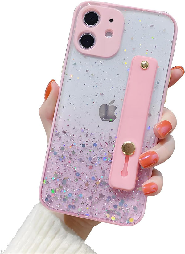 siduater Strap Holder Case for 6.1" iPhone 12 with Wristband Kickstand, Bling Glitter Sparkle Clear Cover (Pink)