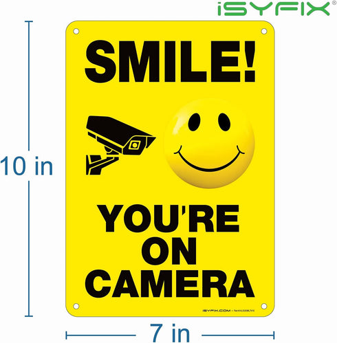 iSYFIX Smile You're on Camera Signs for Business – 1 Pack 7x10 Inch – 100% Rust Free .040 Aluminum Sign, Laminated for UV, Weather, Fade Resistance, Security Camera Sign for Home, Business, CCTV by iSYFIX