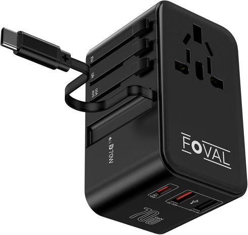 FOVAL 70W Universal Travel Adapter, Retractable USB C Cable, All-in-one International Plug Adapter for Travel
