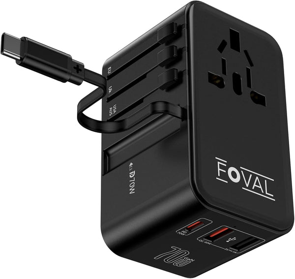 FOVAL 70W Universal Travel Adapter, Retractable USB C Cable, All-in-one International Plug Adapter for Travel