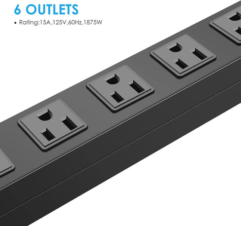 Metal Wall Mount Power Strip, 6 AC Outlets, Aluminum Alloy Socket with Switch, 3 FT Power Cord, Black