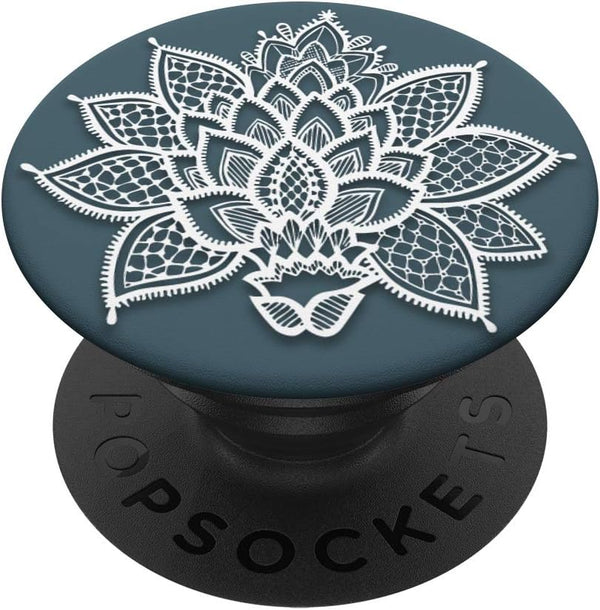 PopSockets Swappable PopGrip Floral Lace Flower Mandala White on Pacific Blue