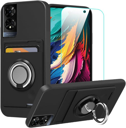 for TCL 50 XE/TCL 50 5G Phone Case with Tempered Glass Screen Protector, Card Holder with Ring Stand Case for TCL 50