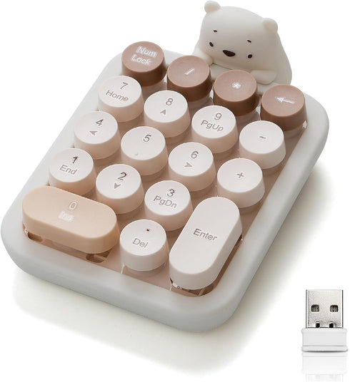 Lomiluskr Cute Wireless Numeric Keypad with Silicone Bear, Colorful Round Keycaps, 2.4G USB