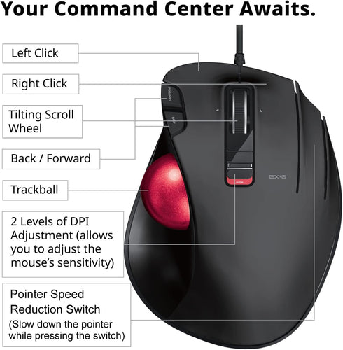 ELECOM EX-G Wired Trackball Mouse, Ergonomic Thumb Control, Smooth Tracking Roller Ball for PC Mac
