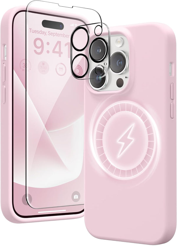 GONEZ Hot Pink iPhone 14 Pro Max Case, Liquid Silicone, Magsafe Compatible + 2X Screen & Camera Lens Protectors.