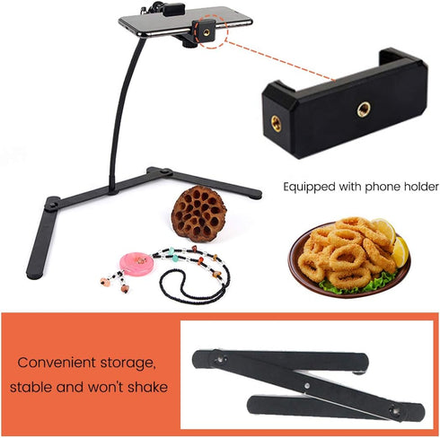 Adjustable Tripod with Cellphone Holder, Overhead Phone Mount for Live Streaming, Online Video, Food Crafting, Demo