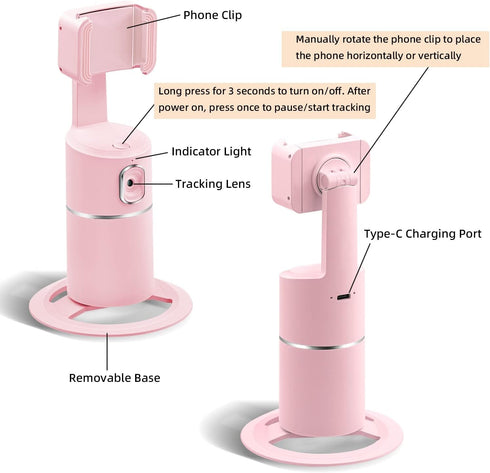 Mcbazel Auto Face Tracking Tripod for Live Vlog Streaming, 360° Rotation, Rechargeable Battery, Pink Phone Camera Mount