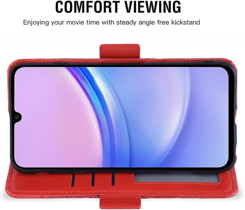 Asuwish Wallet Cover for Samsung Galaxy A15 5G, Red, with Tempered Glass Screen Protector and Leather Flip